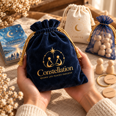Constellation : pochon bleu au nouveau logo doré, cartes, personnages et jetons en bois